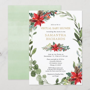 Virtual baby shower Christmas red greenery wreath Invitation
