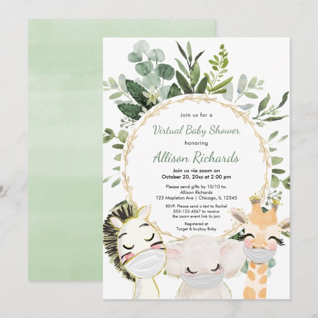 Virtual baby shower cute animals greenery gold invitation (Front/Back)