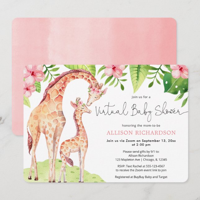 Virtual Baby Shower cute giraffe safari baby girl Invitation (Front/Back)