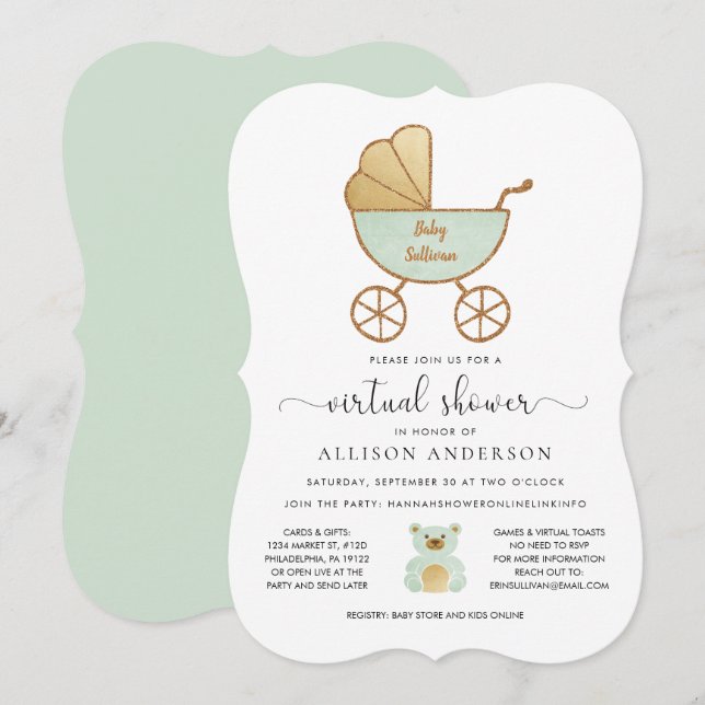 Virtual Baby Shower Cute Retro Carriage Mint Gold Invitation (Front/Back)