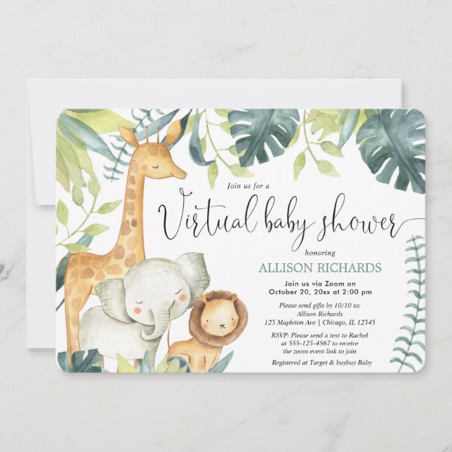 Virtual Baby Shower cute safari jungle animals Invitation (Front)