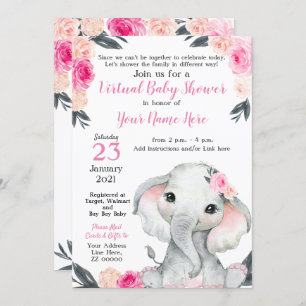 Virtual Baby Shower Elephant Pink Roses Girl Card