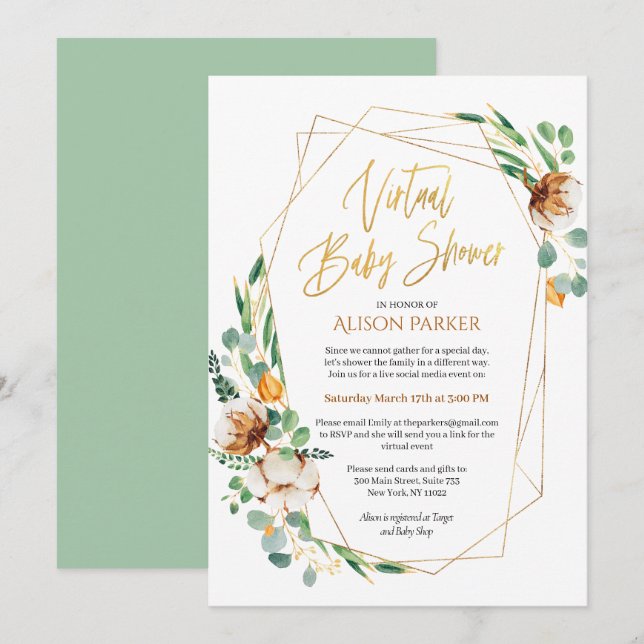Virtual Baby Shower Eucalyptus Greenery Gold Invitation (Front/Back)