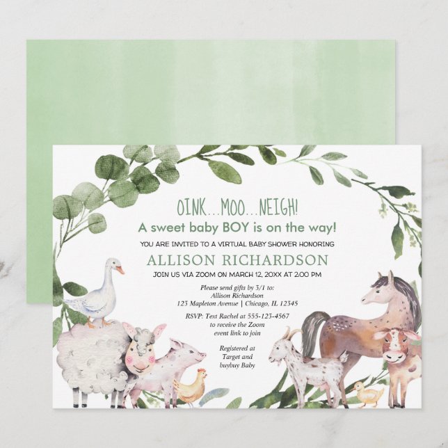 Virtual Baby Shower Farm Barnyard animals boy Invitation (Front/Back)