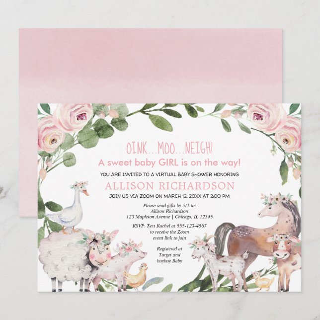 Virtual Baby Shower Farm Barnyard animals girl Invitation (Front/Back)