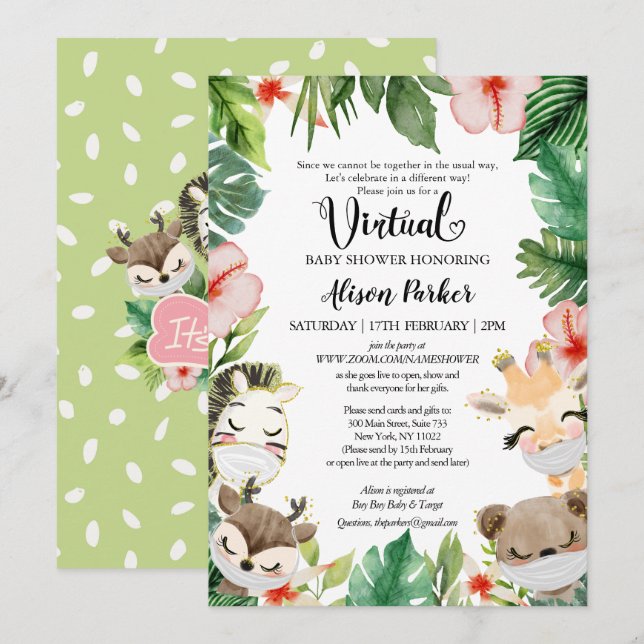 Virtual Baby Shower for GIRL | Safari Friends Invitation (Front/Back)
