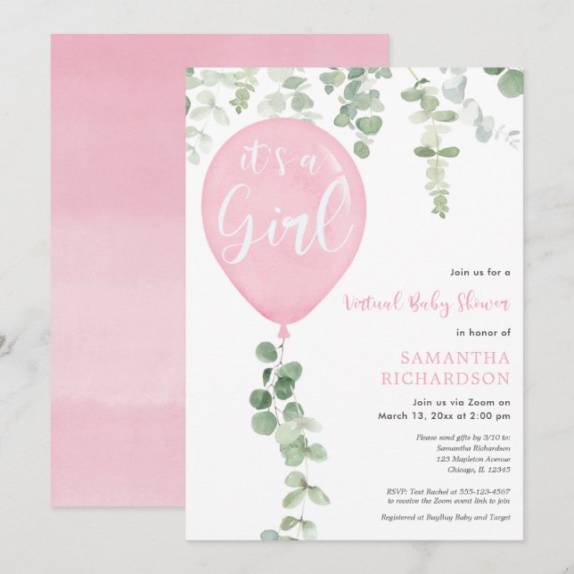 Virtual baby shower girl pink balloons eucalyptus invitation (Front/Back)