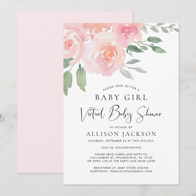 Virtual Baby Shower Girl Pink Floral Watercolor Invitation (Front/Back)