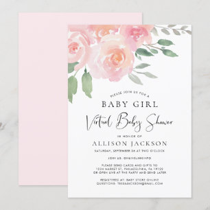 Virtual Baby Shower Girl Pink Floral Watercolor Invitation