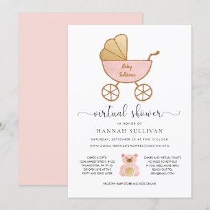 Virtual Baby Shower Girl Retro Carriage Pink Gold Invitation