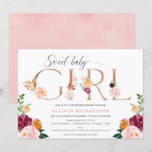 Virtual baby shower girl rose gold burgundy blush invitation