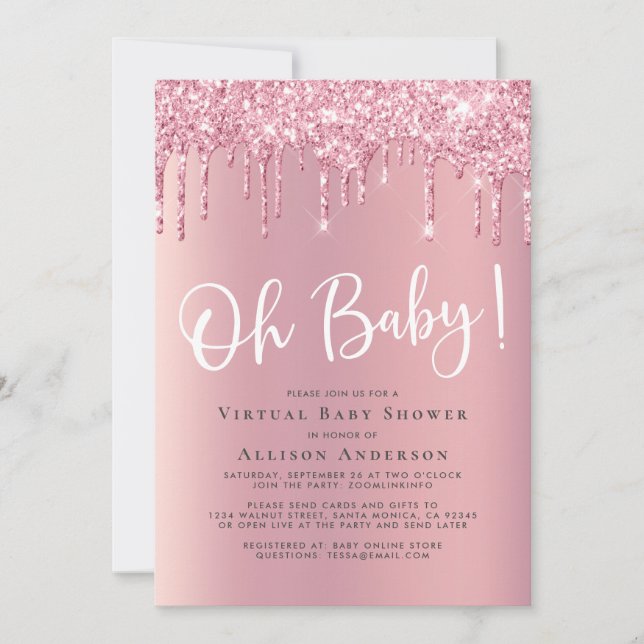 Virtual Baby Shower Glitter Drip Pink Invitation (Front)