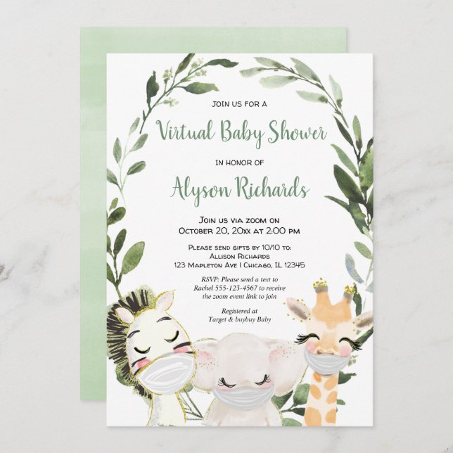 Virtual baby shower greenery animals with masks invitation (Front/Back)
