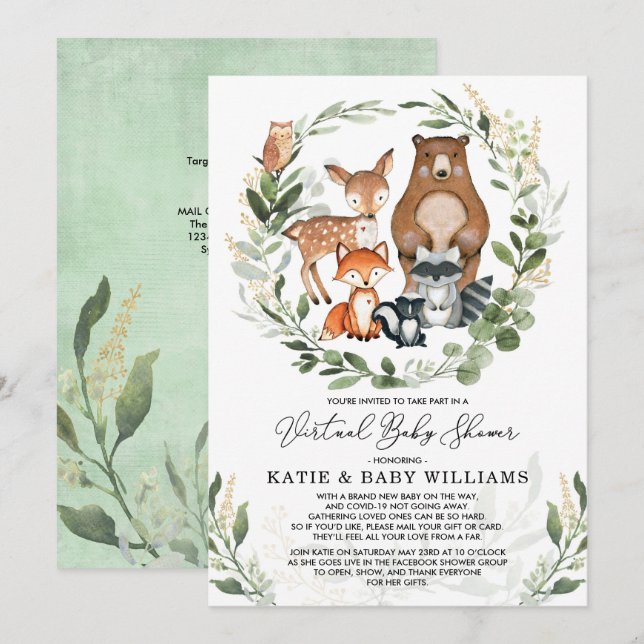Virtual Baby Shower | Greenery Woodland Animals Invitation (Front/Back)