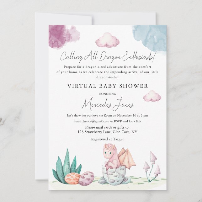 Virtual Baby Shower Hatching Dragon Pastel Colours Invitation (Front)
