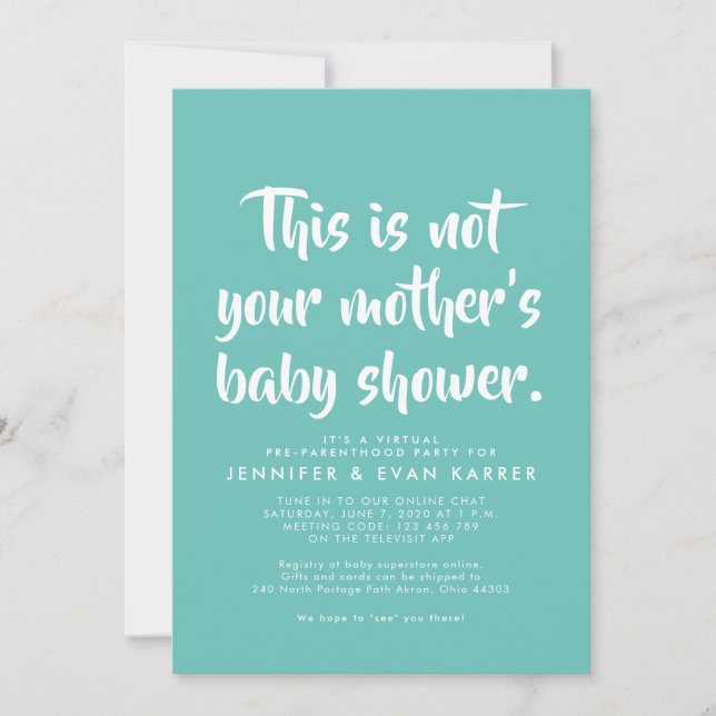 Virtual baby shower invitation in teal (Front)