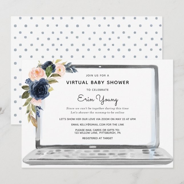 Virtual Baby Shower Laptop Navy & Blush Flowers Invitation (Front/Back)
