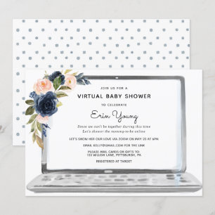 Virtual Baby Shower Laptop Navy & Blush Flowers Invitation