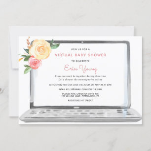 Virtual Baby Shower Laptop with Pink Flowers Invitation