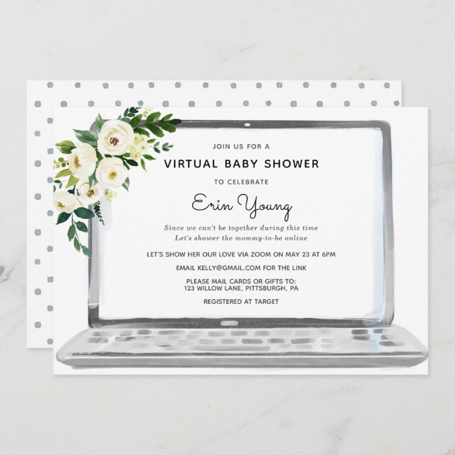 Virtual Baby Shower Laptop with White Flowers Invitation (Front/Back)