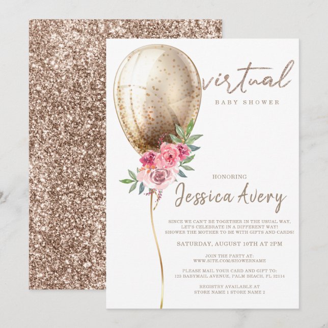 Virtual Baby Shower Luxury Beige Balloon Glitter Invitation (Front/Back)