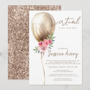 Virtual Baby Shower Luxury Beige Balloon Glitter Invitation