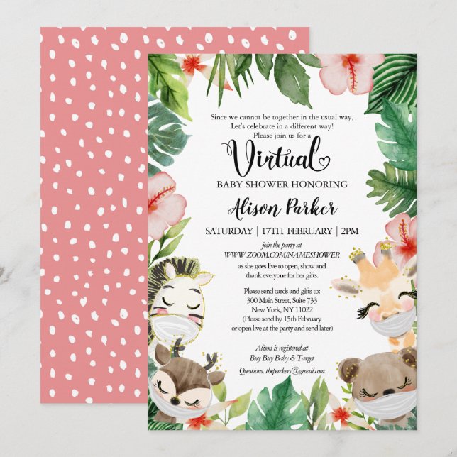 Virtual Baby Shower | Masked Jungle Safari Friends Invitation (Front/Back)