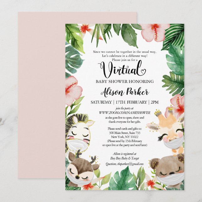 Virtual Baby Shower | Masked Jungle Safari Friends Invitation (Front/Back)