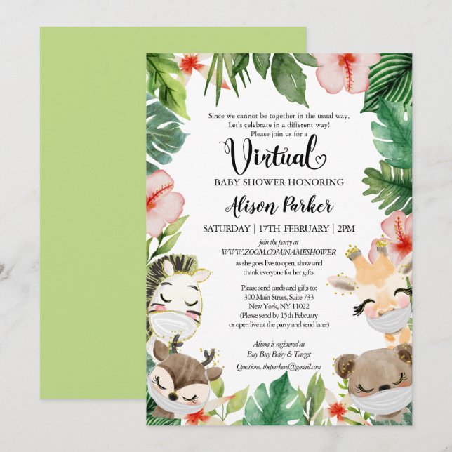 Virtual Baby Shower | Masked Jungle Safari Friends Invitation (Front/Back)