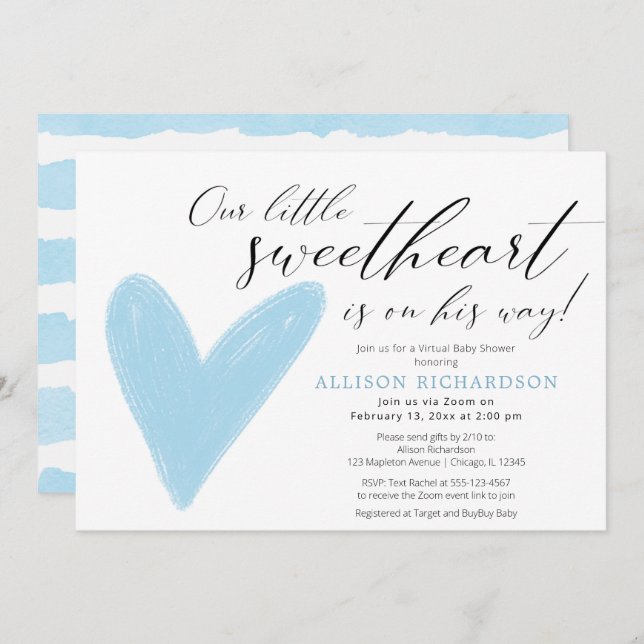 Virtual Baby Shower Modern Valentines blue white Invitation (Front/Back)