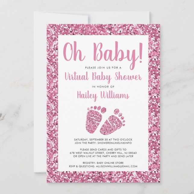 Virtual Baby Shower Pink Glitter Invitation (Front)