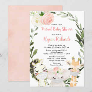 Virtual baby shower pink greenery safari animals invitation