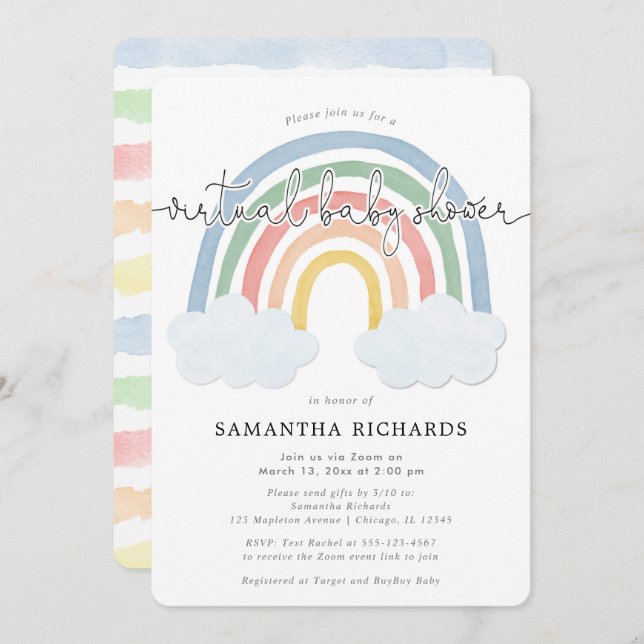 Virtual Baby Shower Rainbow watercolor pastels Invitation (Front/Back)
