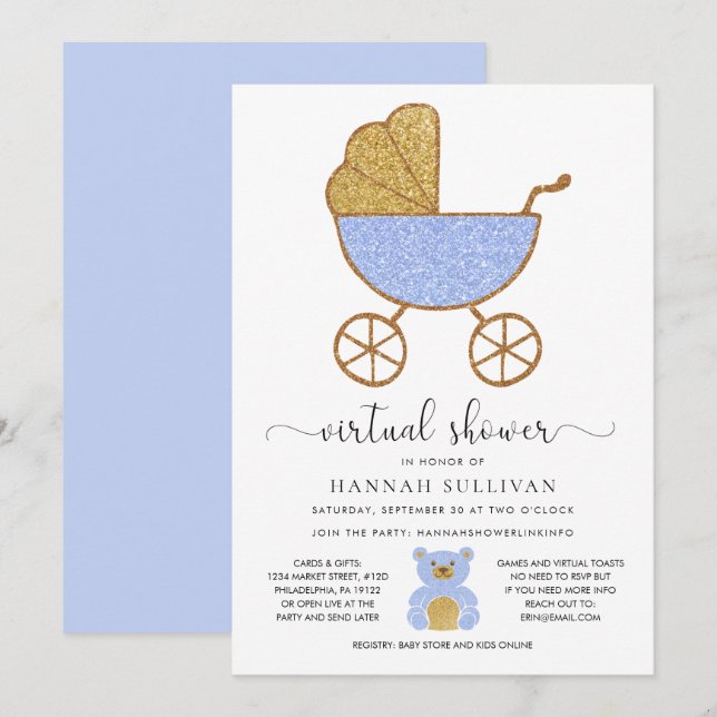 Virtual Baby Shower Retro Carriage Glitter Blue Invitation (Front/Back)
