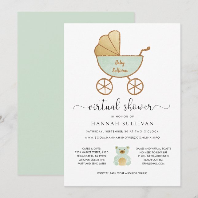 Virtual Baby Shower | Retro Carriage Green Gold Invitation (Front/Back)