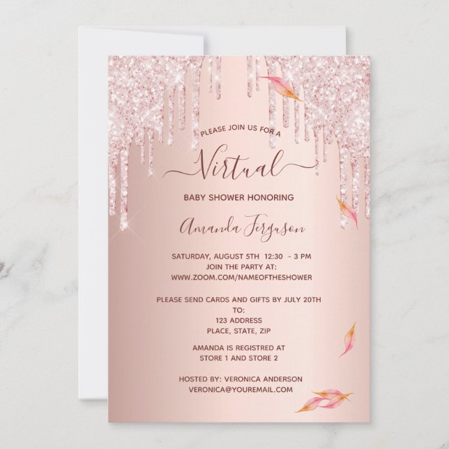 Virtual baby shower rose gold fall glitter drips invitation (Front)