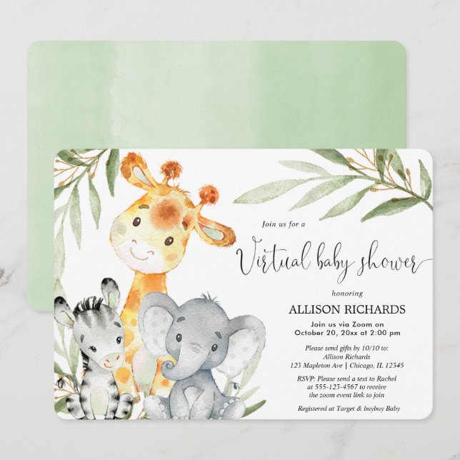 Virtual Baby Shower safari animals gender neutral Invitation (Front/Back)