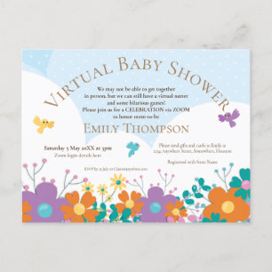 Virtual Baby Shower Simplistic Florals Birds Invitation Postcard