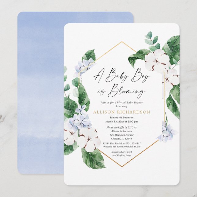 Virtual baby shower spring blue floral gold boy invitation (Front/Back)