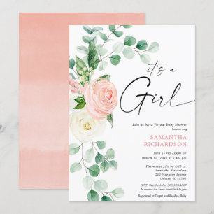 Virtual baby shower spring floral pink greenery invitation