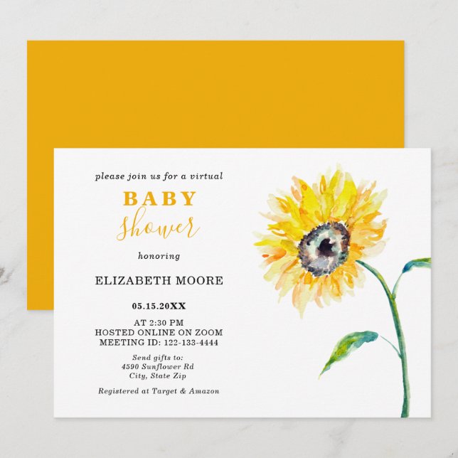 Virtual Baby Shower Sunflower Theme Neutral Zoom Invitation (Front/Back)