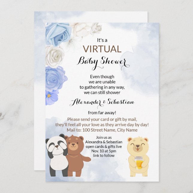 Virtual Baby Shower Teddy Bears Invitation (Front/Back)