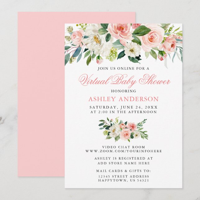 Virtual Baby Shower Watercolor Floral Pink Invitation (Front/Back)