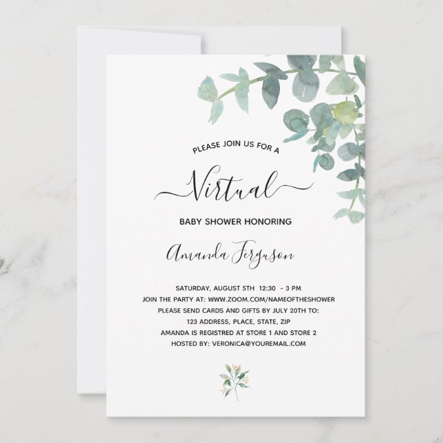 Virtual baby Shower white eucalyptus greenery Invitation (Front)