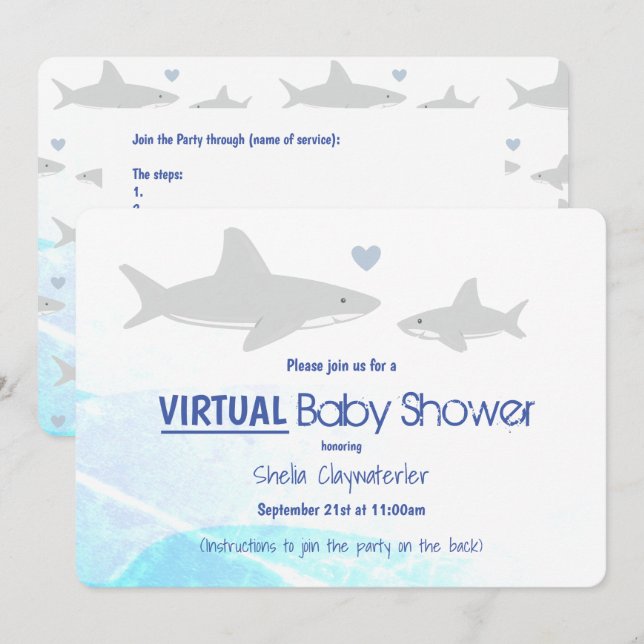 Virtual Baby Shower White Grey Blue Shark Cartoon Invitation (Front/Back)