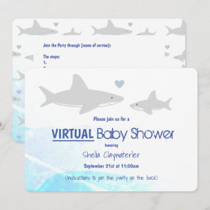 Virtual Baby Shower White Grey Blue Shark Cartoon Invitation