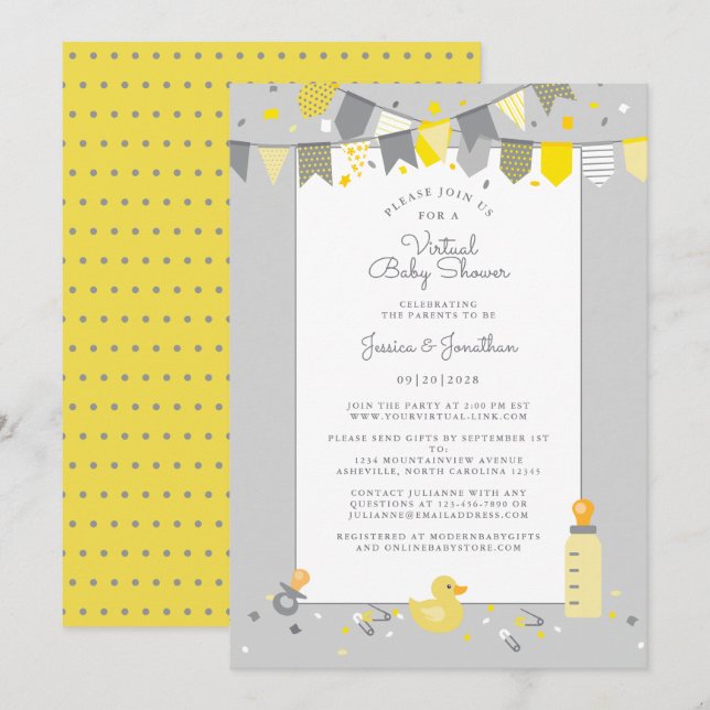 Virtual Baby Shower Yellow Grey Cute Banner Modern Invitation (Front/Back)