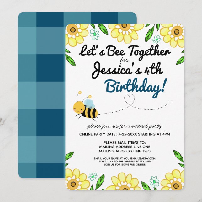 Virtual Bee Birthday Party by Mail Invitation (Front/Back)