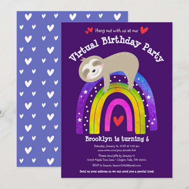 Virtual Birthday Cute Sloth Modern Boho Rainbow Invitation (Front/Back)