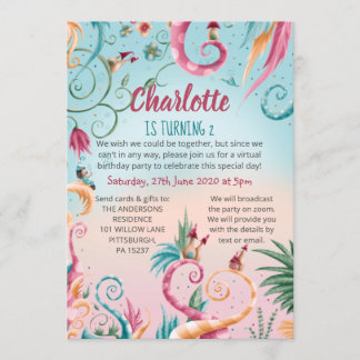 Virtual birthday, floral colourful whimsical house invitation